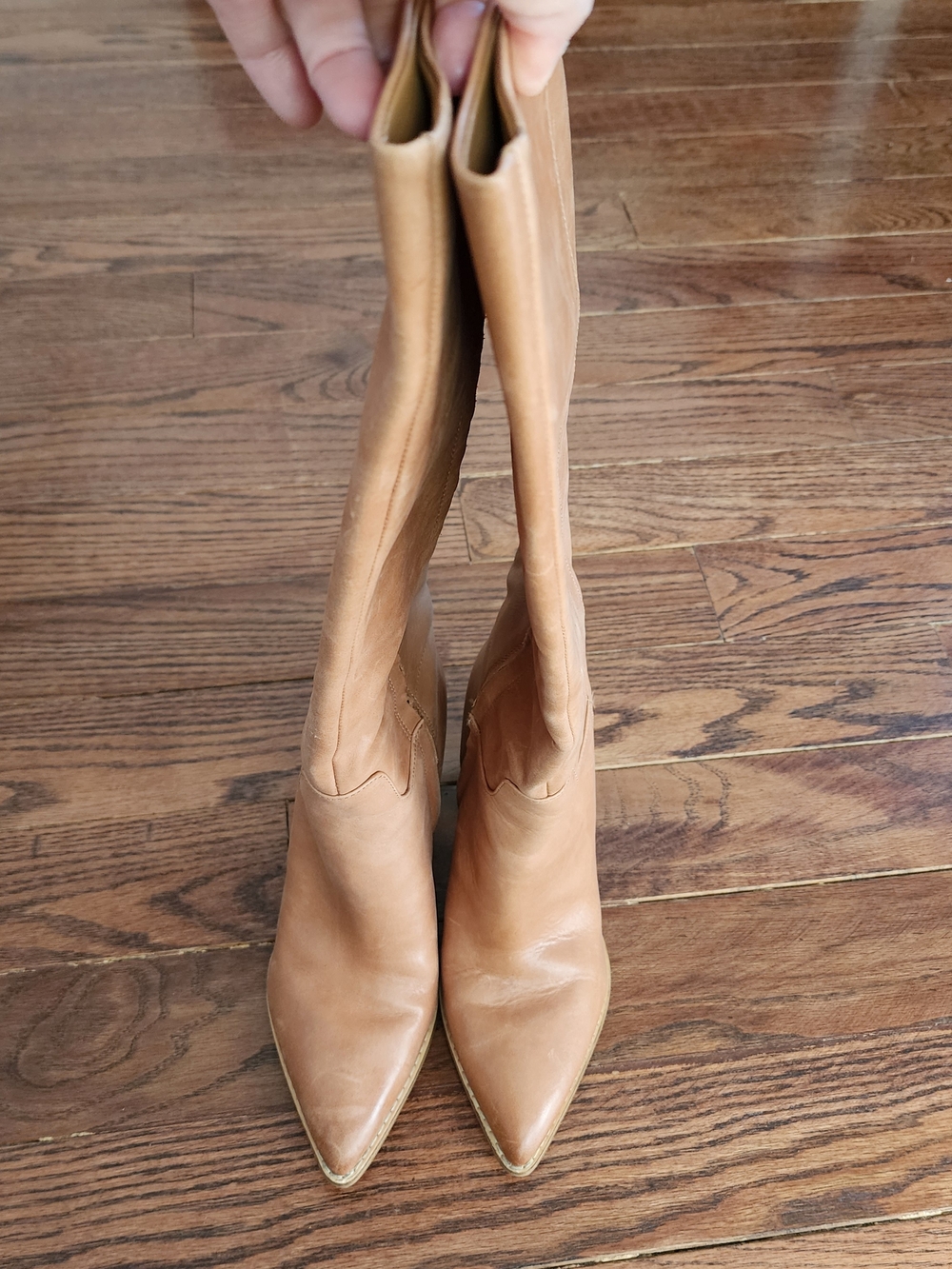 Nine West Tan Leather Tall Boots 7 Boho Chic Minimalist Western Neutral Pointy - Picture 5 of 10